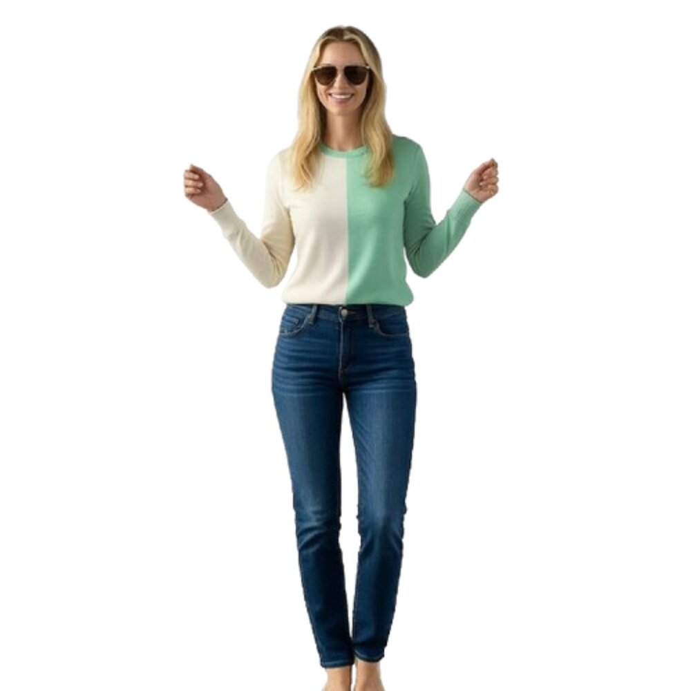 NWT Wild Fable Women's Long Sleeve Fitted T-Shirt Green Colorblock Size Large